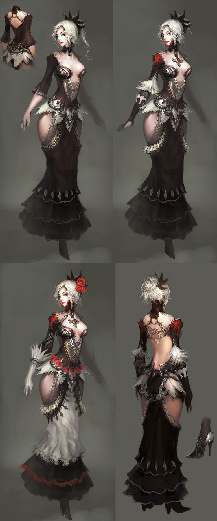 isabel (atlantica online), atlantica online, highres, 1girl, blue eyes, dress, feathers, female focus, fishnets, flower, gloves, hip focus, hobble dress, long dress, princess, solo, white hair, wide hips