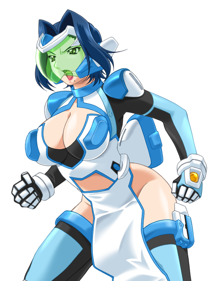 gan-chan (artist), saiger iris, hitozuma sentai aisaiger, game cg, large variant set, non-web source, official art, variant set, 1girl, blue hair, blue thighhighs, breasts, cleavage, cleavage cutout, clenched hands, clothing cutout, face shield, green eyes, hair intakes, hishidou aiko, large breasts, lipstick, magical girl, makeup, mole, mole under mouth, no panties, open mouth, pelvic curtain, short hair, solo, thighhighs, transparent background
