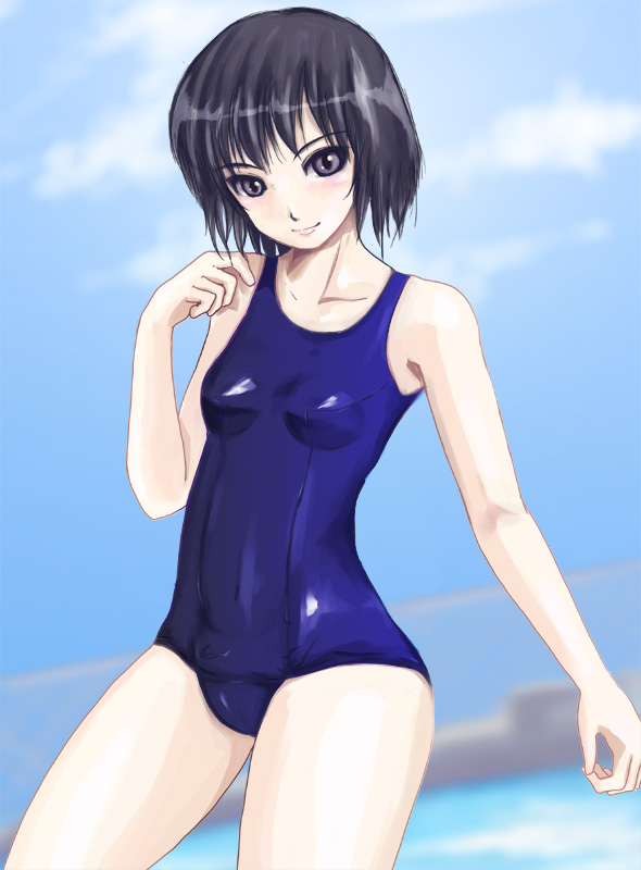 wakki, nanasaki ai, amagami, 1girl, black eyes, black hair, female focus, old school swimsuit, one-piece swimsuit, school swimsuit, short hair, solo, swimsuit