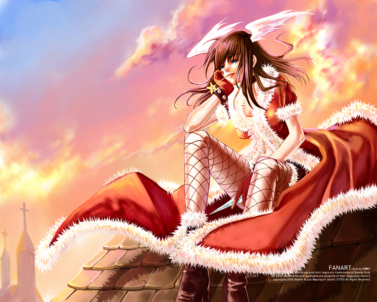 rogue (ragnarok online), ragnarok online, fishnet legwear, fur, fur-trimmed footwear, 1girl, blue eyes, boots, brown boots, building, cloud, coat, female focus, fishnets, flower, flower in mouth, full body, fur trim, gloves, head wings, legs, morning, outdoors, pink sky, red hair, rooftop, sitting, sky, solo, sunrise, sunset, thighs, tower, wings