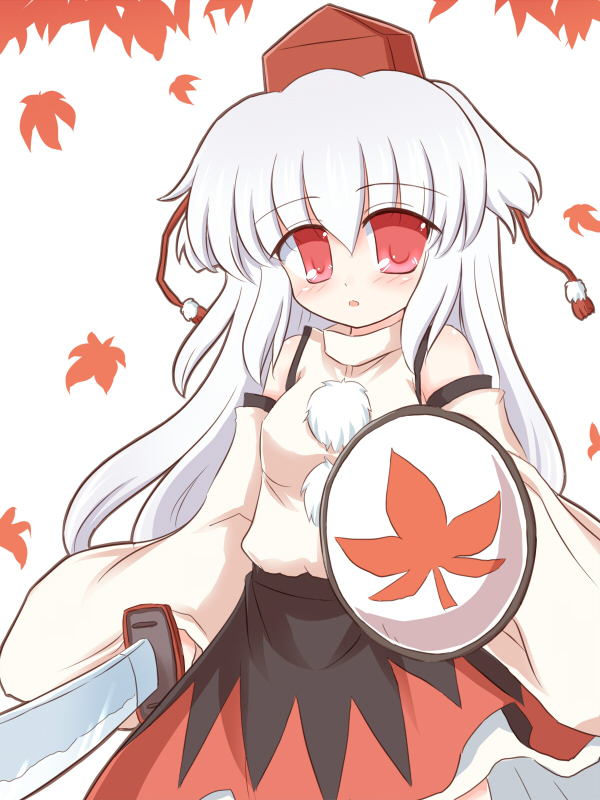 ry (yagoyago), inubashiri momiji, touhou, 1girl, alternate hair length, alternate hairstyle, bare shoulders, detached sleeves, female focus, hat, leaf, long hair, red eyes, shield, simple background, solo, sword, tokin hat, weapon, white hair