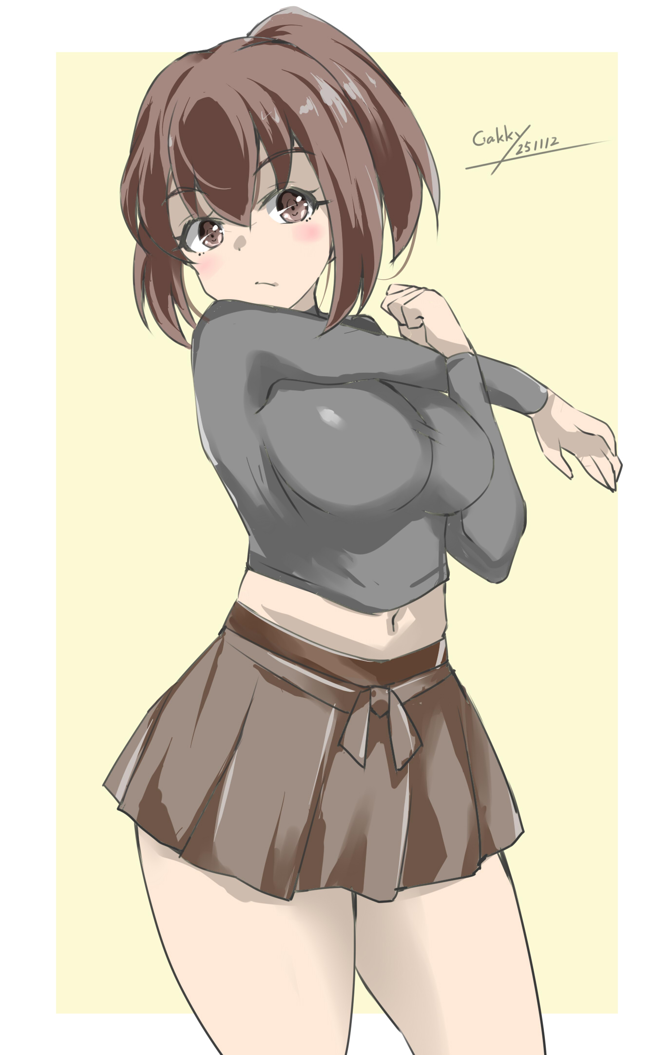 gakky, ise (kancolle), kantai collection, highres, 1girl, artist name, blush, breasts, brown eyes, brown hair, brown hakama, cross-body stretch, dated, hair ribbon, hakama, hakama short skirt, hakama skirt, japanese clothes, long hair, long sleeves, navel, open mouth, ponytail, ribbon, skirt, smile, stretching, undershirt, white background, yellow background