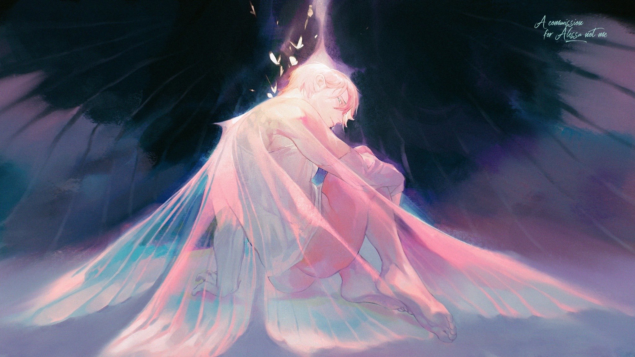 henry townshend, silent hill (series), silent hill 4: the room, commentary request, commission, highres, second-party source, 1boy, ass, barefoot, bottomless, bug, closed mouth, dragonfly wings, insect, looking at viewer, male focus, mix (muxi0415), moth, purple background, shirt, short hair, transparent wings, white shirt, wings