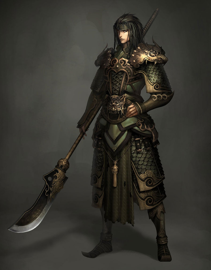 zhao yun, atlantica online, 1boy, armor, black hair, chinese armor, guan dao, headband, long hair, male focus, naginata, polearm, scale armor, solo, spear, torn clothes, weapon