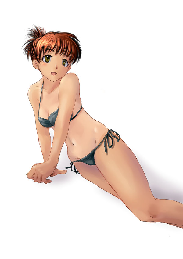 tamanegi (sei tamanegi web), tamanegi (sou tamanegi web), original, 1girl, bikini, black bikini, breasts, brown eyes, brown hair, female focus, groin, looking afar, lying, medium breasts, navel, on back, on side, one-piece tan, open mouth, ponytail, short hair, side-tie bikini bottom, simple background, solo, swimsuit, tan, tanline, white background
