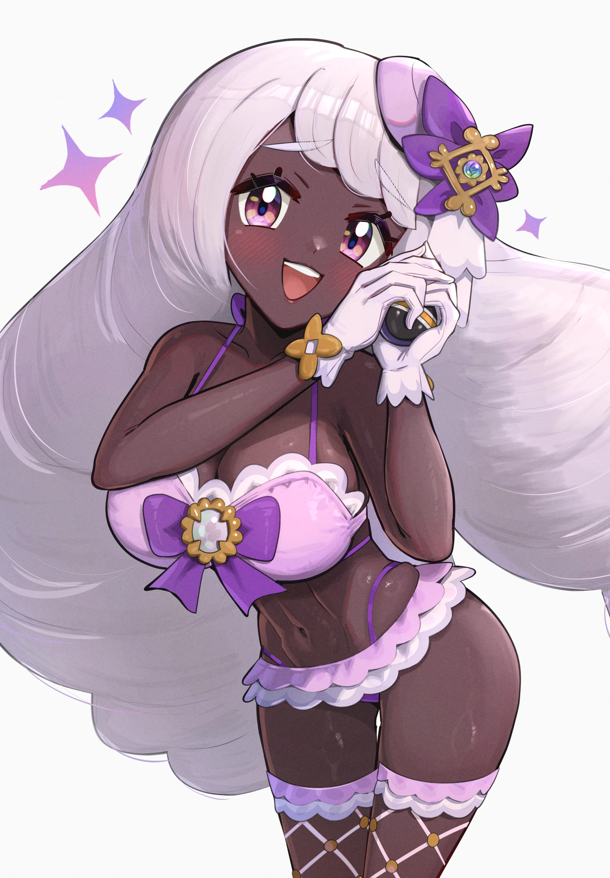 gonzarez, jacinthe (pokemon), nintendo, pokemon, pokemon legends: z-a, absurdres, highres, 1girl, bare shoulders, bikini, blush, breasts, cleavage, collarbone, dark-skinned female, dark skin, fishnet thighhighs, fishnets, glove bow, gloves, hair ornament, holding, holding poke ball, large breasts, lingerie, long hair, looking at viewer, luxury ball, mega stone, navel, open mouth, pink hair, poke ball, purple bikini, purple eyes, purple hair, smile, solo, stomach, swimsuit, teeth, thighhighs, underwear, upper teeth only, very dark skin, white gloves