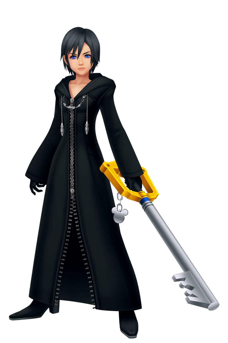 nomura tetsuya, organization xiii, xion (kingdom hearts), kingdom hearts, kingdom hearts 358/2 days, highres, official art, tagme, 1girl, androgynous, black cloak, black coat (kingdom hearts), black hair, blue eyes, cloak, coat, female focus, gloves, high heels, hood, keyblade, kingdom key, reverse trap, shoes, short hair, solo, transparent background, zipper