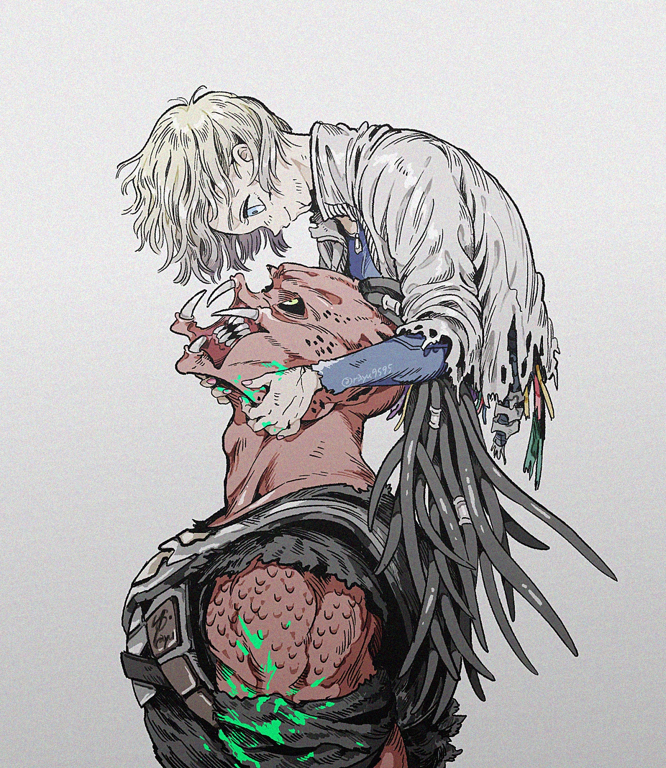 dek (predator), predator: badlands, predator (series), highres, 1boy, 1girl, alien, bifurcated jaw, black sclera, blood, blue eyes, broken tooth, colored sclera, dreadlocks, eye contact, green blood, head back, humanoid robot, jaw, looking at another, mandibles, rayu9595, robot, robot girl, severed torso, sharp teeth, short hair, smile, teeth, thia (predator), white hair, yellow eyes