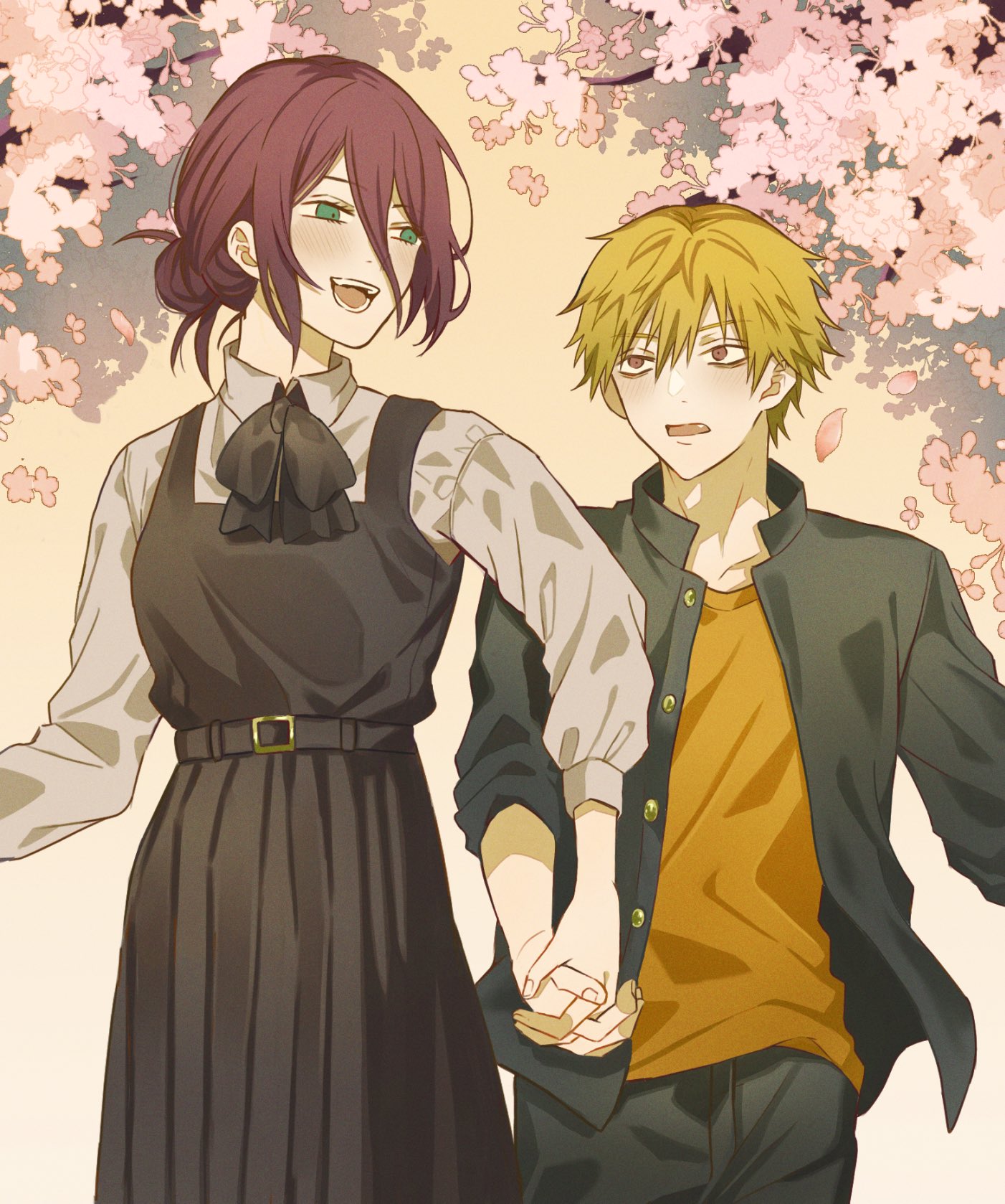 denji (chainsaw man), reze (chainsaw man), chainsaw man, highres, 1boy, 1girl, belt, black jacket, black pants, gakuran, hair bun, holding hands, jacket, japanese clothes, nirrrr100, pants, school uniform, single hair bun