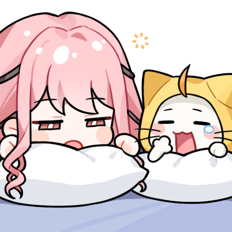 momo (nikki), nikki (nikki), infinity nikki, nikki (series), artist request, lowres, official art, 1girl, = =, ahoge, animal, bed, black ribbon, blush stickers, bright pupils, brown eyes, cat, chibi, cloak, clothed animal, ear covers, hair ribbon, half-closed eyes, hood, hood up, hooded cloak, long hair, long sidelocks, lying, on bed, on stomach, open mouth, pillow, pink hair, ribbon, sidelocks, simple background, sleepy, squeans, tearing up, tress ribbon, wavy hair, whiskers, white background, white cat, white pupils, yawning, yellow cloak
