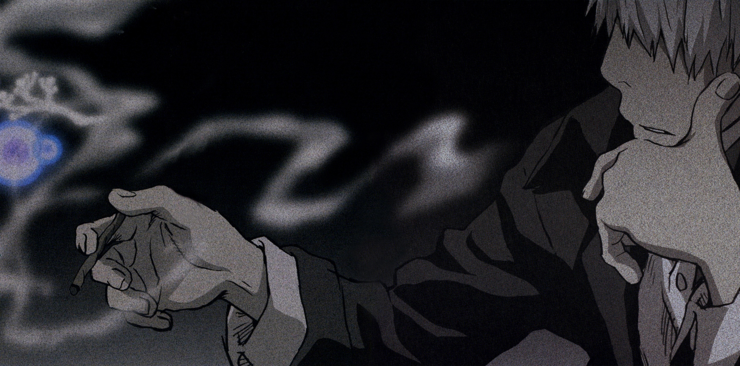 ginko (mushishi), mushishi, highres, scan, 1boy, cigarette, male focus, short hair, smoke, smoking, solo, white hair