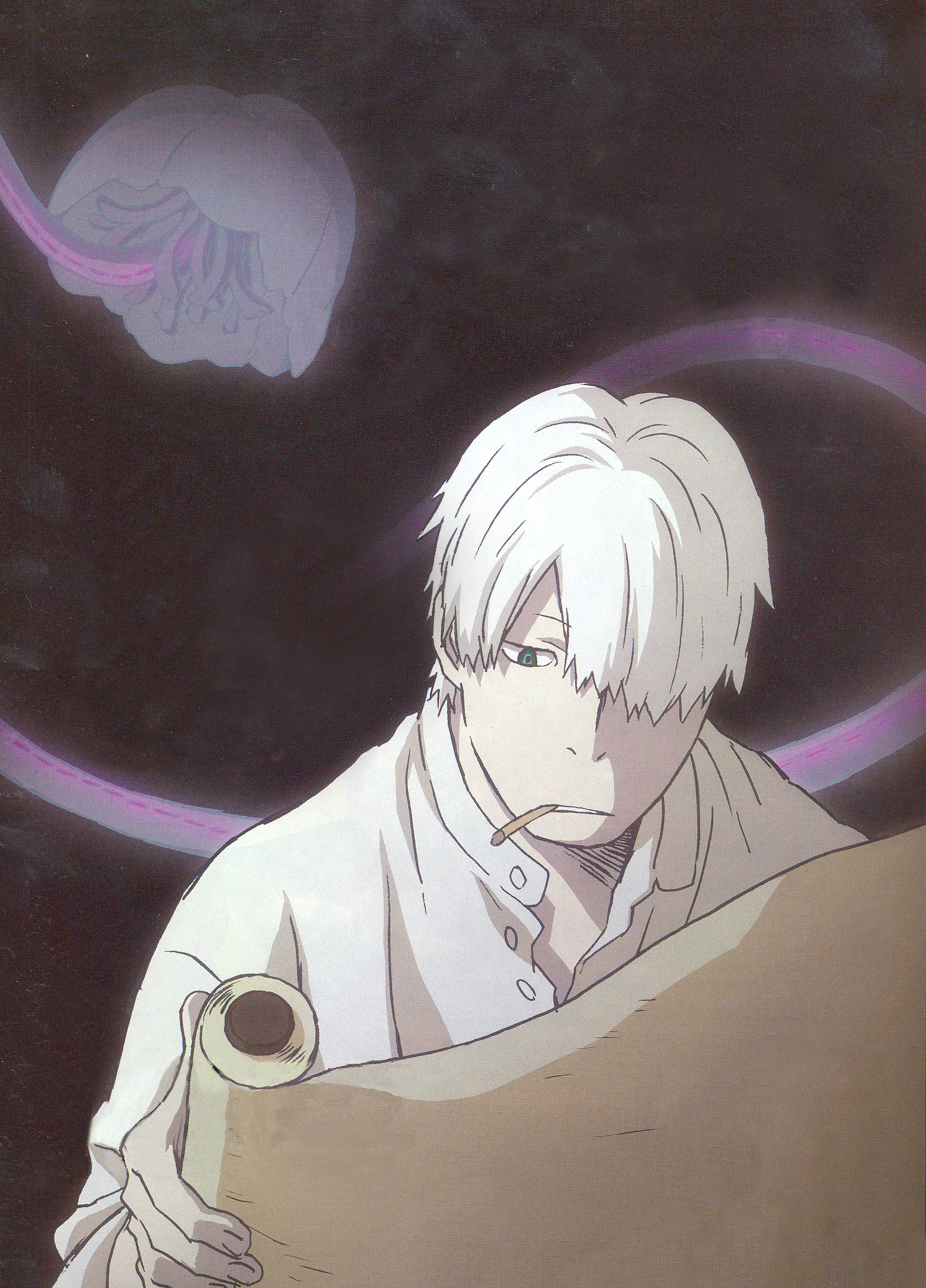 ginko (mushishi), mushishi, highres, scan, 1boy, cigarette, hair over one eye, male focus, scroll, smoking, solo, upper body, white hair