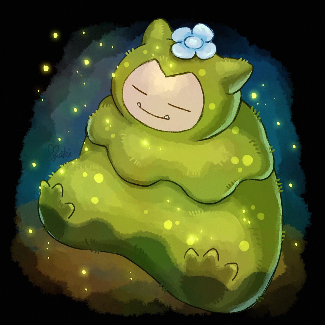 n20u28, snorlax, nintendo, pokemon, pokemon pokopia, commentary request, = =, closed eyes, closed mouth, fangs, flower, full body, gen 1 pokemon, moss, mosslax, no humans, pokemon (creature), pokemon focus, sitting, solo, white flower
