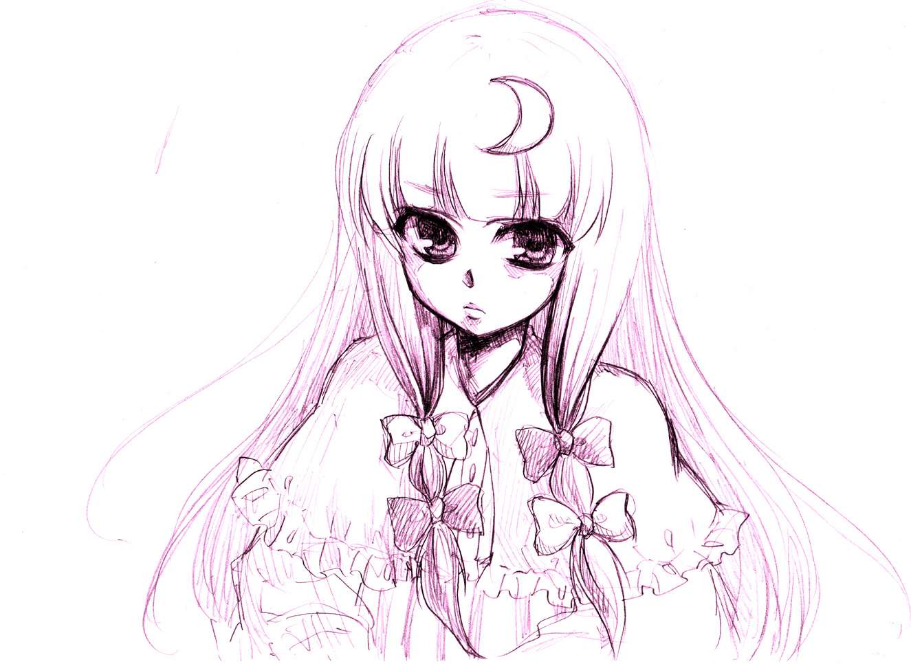 kodora, syojo, patchouli knowledge, touhou, bad id, bad pixiv id, 1girl, bow, crescent, crescent hair ornament, female focus, hair bow, hair ornament, long hair, monochrome, multiple hair bows, purple theme, sketch, solo