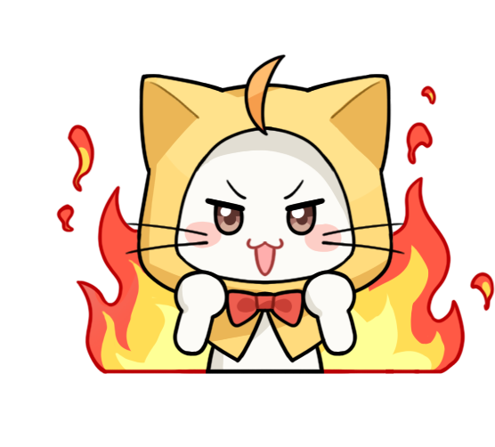 momo (nikki), infinity nikki, nikki (series), artist request, official art, ahoge, animal, animal focus, blush stickers, bow, bowtie, brown eyes, cat, clenched hands, cloak, clothed animal, cropped torso, ear covers, fiery background, fire, hood, hood up, hooded cloak, looking at viewer, no humans, open mouth, red bow, red bowtie, smile, solo, traditional bowtie, transparent background, v-shaped eyebrows, whiskers, white cat, yellow cloak