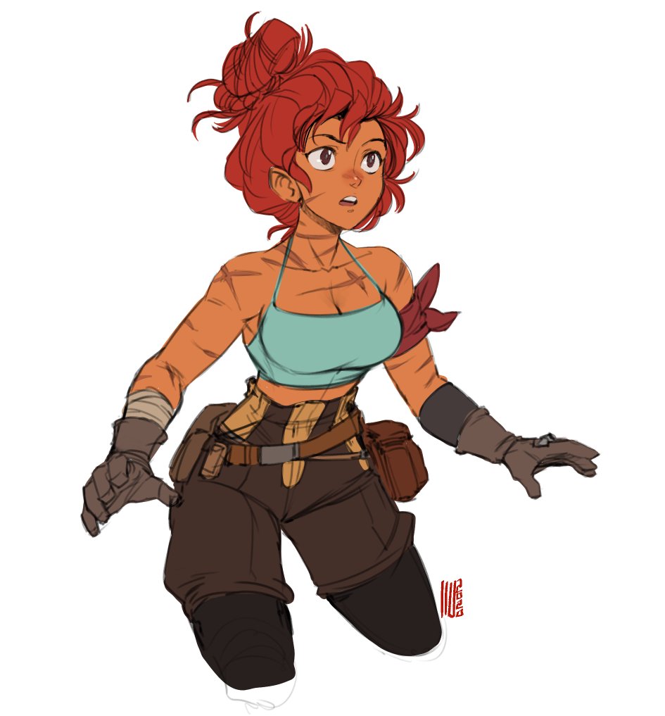 david liu, maria (space maria), space maria, commentary, english commentary, 1girl, alternate hair length, alternate hairstyle, armband, bandaged arm, bandages, bare shoulders, belt, belt pouch, black pantyhose, breasts, brown belt, brown eyes, brown gloves, brown shorts, cleavage, crop top, cropped legs, dark-skinned female, dark skin, eyelashes, gloves, hair bun, midriff, open mouth, pantyhose, pouch, red armband, red hair, scar, scar on arm, scar on neck, scar on shoulder, shorts, simple background, single hair bun, solo, teeth, upper teeth only, white background