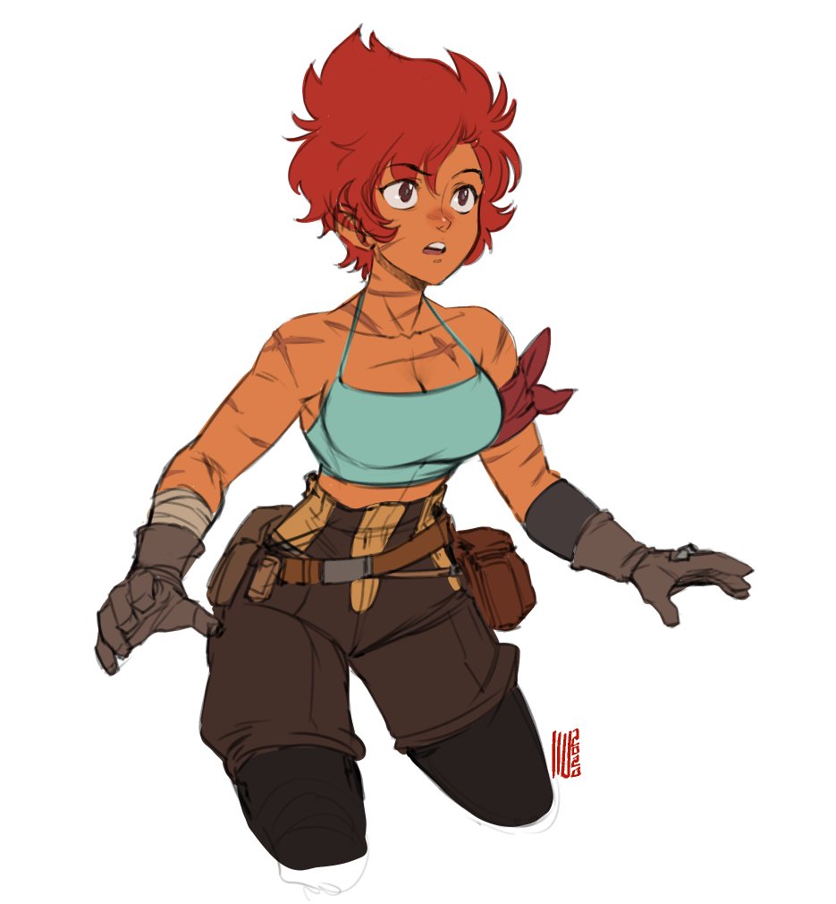 david liu, maria (space maria), space maria, commentary, english commentary, 1girl, alternate hair length, alternate hairstyle, armband, bandaged arm, bandages, bare shoulders, belt, belt pouch, black pantyhose, breasts, brown belt, brown eyes, brown gloves, brown shorts, cleavage, crop top, cropped legs, dark-skinned female, dark skin, eyelashes, gloves, midriff, open mouth, pantyhose, pouch, red armband, red hair, scar, scar on arm, scar on neck, scar on shoulder, short hair, shorts, simple background, solo, teeth, upper teeth only, white background