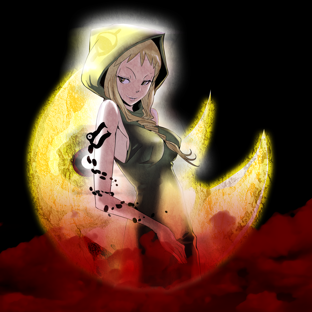 gassun, medusa gorgon, moon (soul eater), soul eater, bad id, bad pixiv id, 00s, 1girl, blonde hair, braid, breasts, covered erect nipples, female focus, hood, moon, night, purple eyes, sideboob, solo, witch