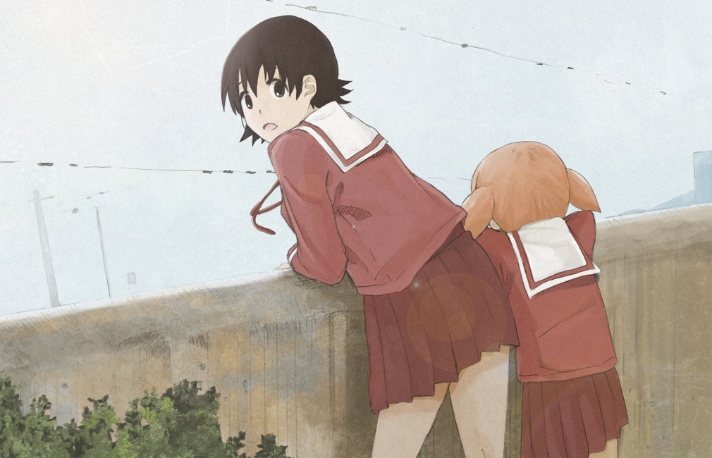 110 gou, mihama chiyo, takino tomo, azumanga daiou, bad id, bad pixiv id, brown hair, child, day, looking back, power lines, red hair, school uniform, serafuku, short hair, skirt, sky, twintails