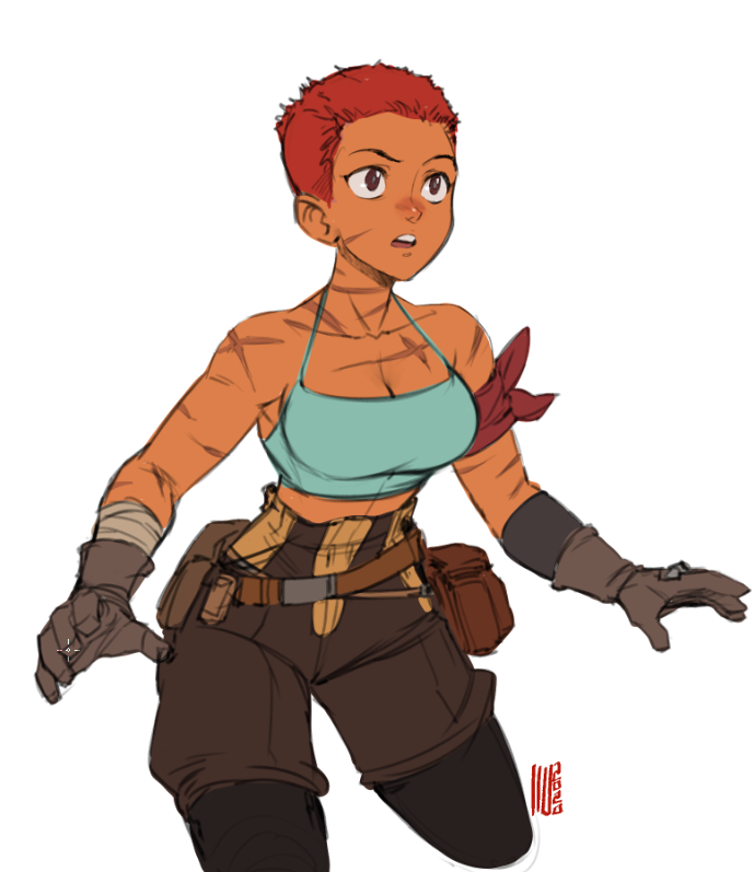 david liu, maria (space maria), space maria, commentary, english commentary, 1girl, alternate hair length, alternate hairstyle, armband, bandaged arm, bandages, bare shoulders, belt, belt pouch, black pantyhose, breasts, brown belt, brown eyes, brown gloves, brown shorts, cleavage, crop top, cropped legs, dark-skinned female, dark skin, eyelashes, gloves, midriff, open mouth, pantyhose, pouch, red armband, red hair, scar, scar on arm, scar on neck, scar on shoulder, short hair, shorts, simple background, solo, teeth, upper teeth only, very short hair, white background