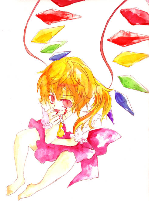 kodora, syojo, flandre scarlet, touhou, bad id, bad pixiv id, painting (medium), traditional media, watercolor (medium), 1girl, barefoot, blonde hair, blood, female focus, hat, red eyes, solo, wings