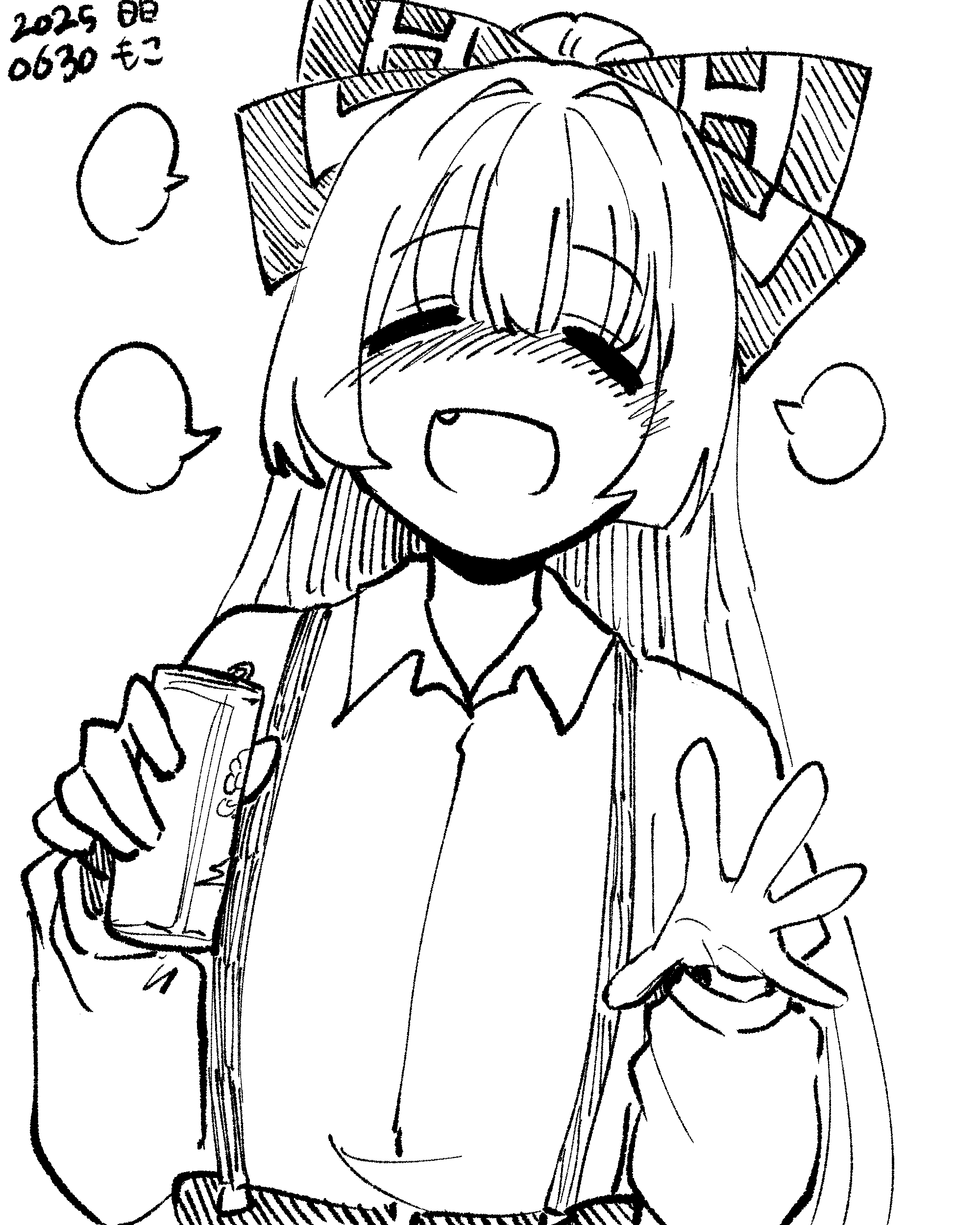 neophyte, fujiwara no mokou, touhou, absurdres, highres, 1girl, :d, blank speech bubble, blush, bow, can, closed eyes, collared shirt, dated, drink can, fang, greyscale, hair bow, hatching (texture), high ponytail, holding, holding can, long hair, monochrome, nose blush, open mouth, pants, ponytail, shirt, simple background, smile, solo, speech bubble, spread fingers, suspenders, upper body, very long hair, white background
