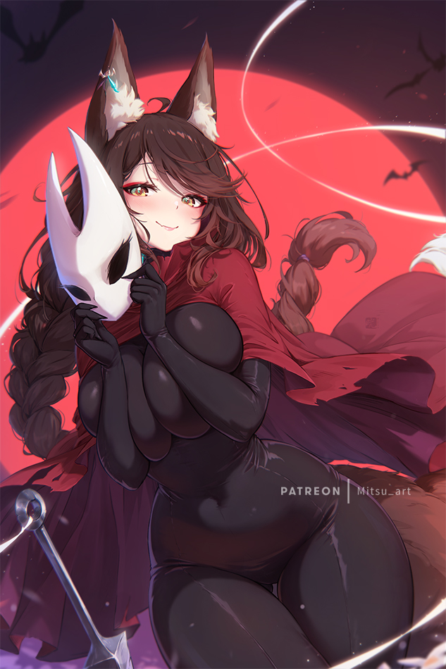 mitsu (mitsu art), hornet (hollow knight), hollow knight, hollow knight: silksong, original, 1girl, animal ears, bat (animal), black bodysuit, bodysuit, braid, braided ponytail, breasts, brown eyes, brown hair, cloak, cosplay, covered navel, fox ears, fox girl, fox tail, full moon, hornet (hollow knight) (cosplay), large breasts, long hair, looking at viewer, mask, moon, needle (hollow knight), patreon username, red cloak, smile, solo, tail, unworn mask, white mask