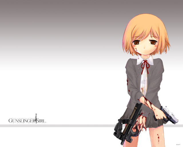 henrietta (gunslinger girl), gunslinger girl, tagme, 00s, blood, brown eyes, brown hair, bullpup, gun, handgun, horizontal magazine, p90, personal defense weapon, see-through clothes, short hair, submachine gun, translucent, weapon