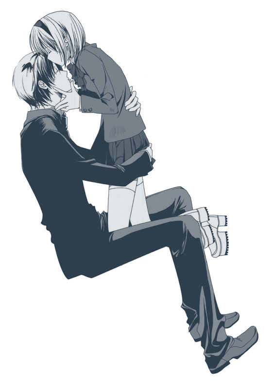henrietta (gunslinger girl), jose croce, gunslinger girl, 00s, age difference, hug, kiss, monochrome