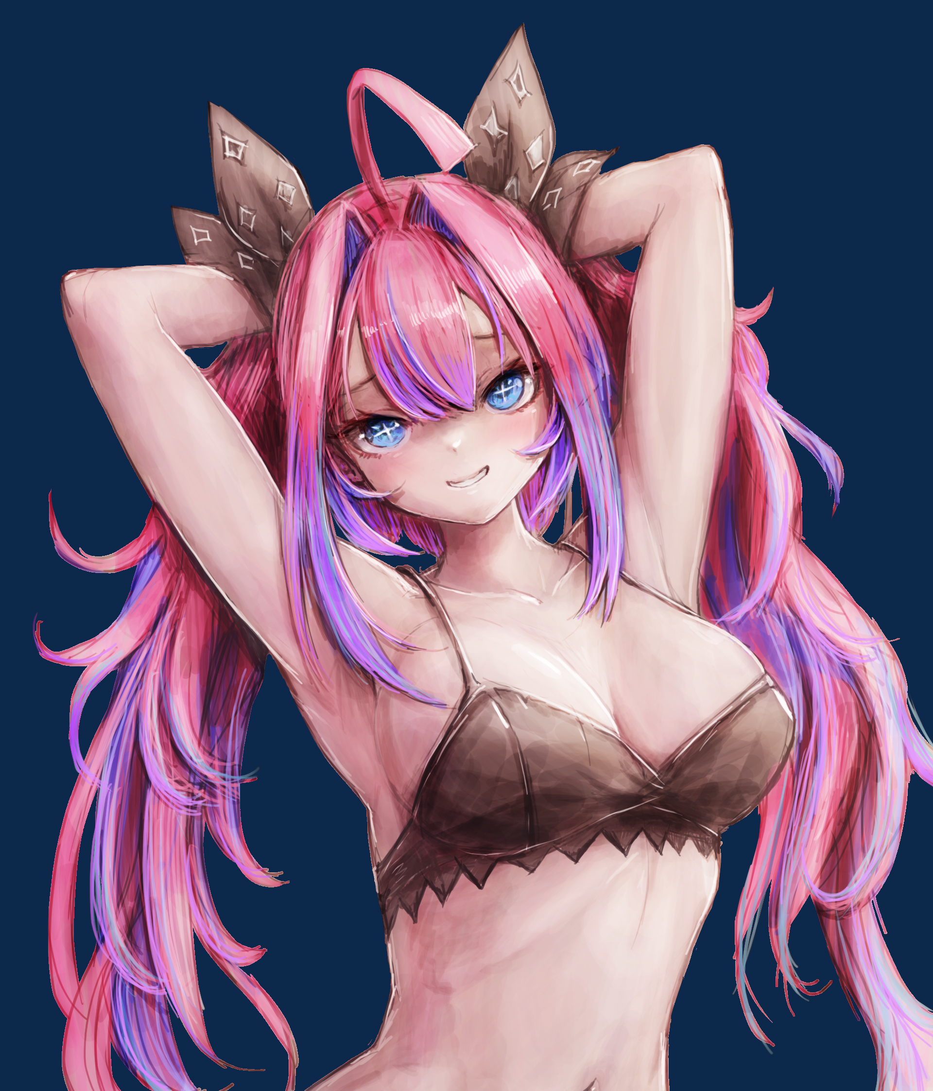 nymph rhythm, kikirara vivi, hololive, hololive dev is, highres, + +, 1girl, ahoge, armpits, arms up, black bra, black ribbon, blue background, blue eyes, blush, bra, breasts, collarbone, grin, hair intakes, hair ribbon, large breasts, long hair, looking at viewer, multicolored hair, navel, pink hair, purple hair, ribbon, simple background, smile, solo, sparkle print, stomach, streaked hair, twintails, two-tone hair, underwear, underwear only, virtual youtuber