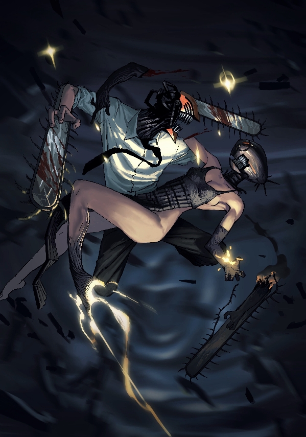 cyber monk, bomb devil (chainsaw man), denji (chainsaw man), chainsaw man, 1boy, 1girl, alternate form, apron, battle, black apron, black necktie, black pants, breasts, chainsaw, dynamite, explosive, necktie, object head, pants, severed limb, sharp teeth, shirt, small breasts, teeth, white shirt