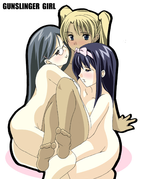 angelica (gunslinger girl), claes, triela, gunslinger girl, 00s, 3girls, blush, dark-skinned female, dark skin, glasses, hair ribbon, multiple girls, nude, ribbon, twintails, yuri