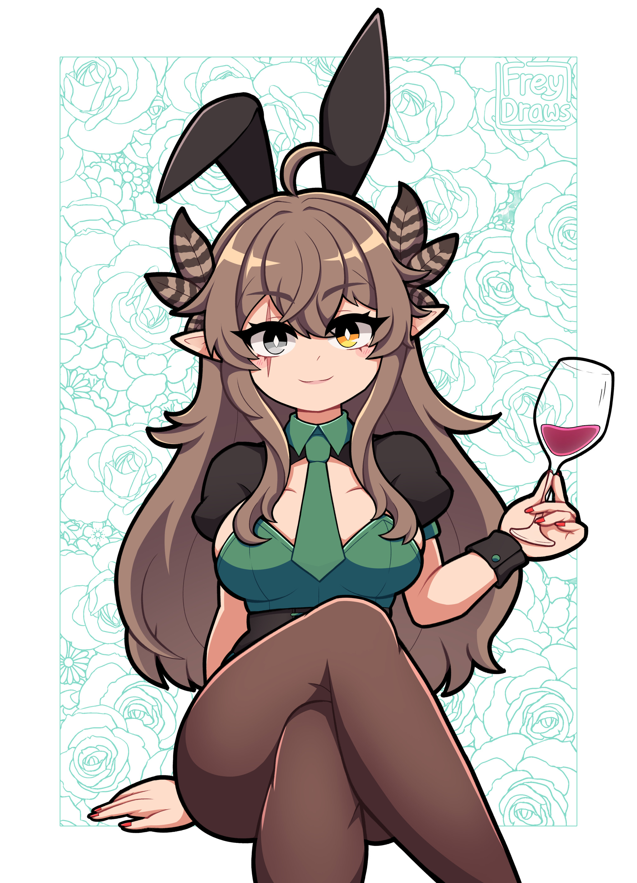 freydraws, kumi (vtuber), indie virtual youtuber, absurdres, commentary, english commentary, highres, 1girl, ahoge, alcohol, animal ears, artist name, breasts, bright pupils, brown hair, brown pantyhose, closed mouth, crossed legs, cup, drinking glass, eyelashes, fake animal ears, feather hair ornament, feathers, feet out of frame, fingernails, floral background, green necktie, grey eyes, hair ornament, heterochromia, holding, holding cup, long hair, looking at viewer, nail polish, necktie, pantyhose, playboy bunny, pointy ears, rabbit ears, red nails, scar, scar across eye, scar on face, short sleeves, sidelocks, sitting, smile, solo, straight-on, virtual youtuber, white pupils, wine, wine glass, wrist cuffs, ych commission, yellow eyes