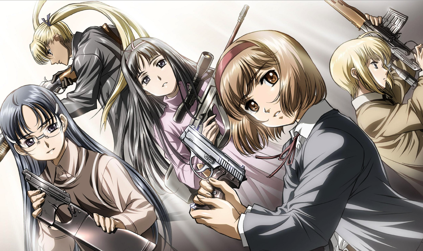 angelica (gunslinger girl), claes, henrietta (gunslinger girl), rico (gunslinger girl), triela, gunslinger girl, heckler & koch, sig sauer, official art, official wallpaper, 00s, assault rifle, black hair, blonde hair, bullpup, burst fire gun, burst fire pistol, dragunov svd, dutch angle, glasses, gun, gun stock, h&k vp70, h&k vp70m, handgun, multiple girls, muzzle device, pistol, pump action, rifle, scope, shotgun, shoulder-stocked handgun, sniper rifle, steyr aug, stock (firearm), submachine gun, transforming weapon, twintails, weapon, winchester model 1897