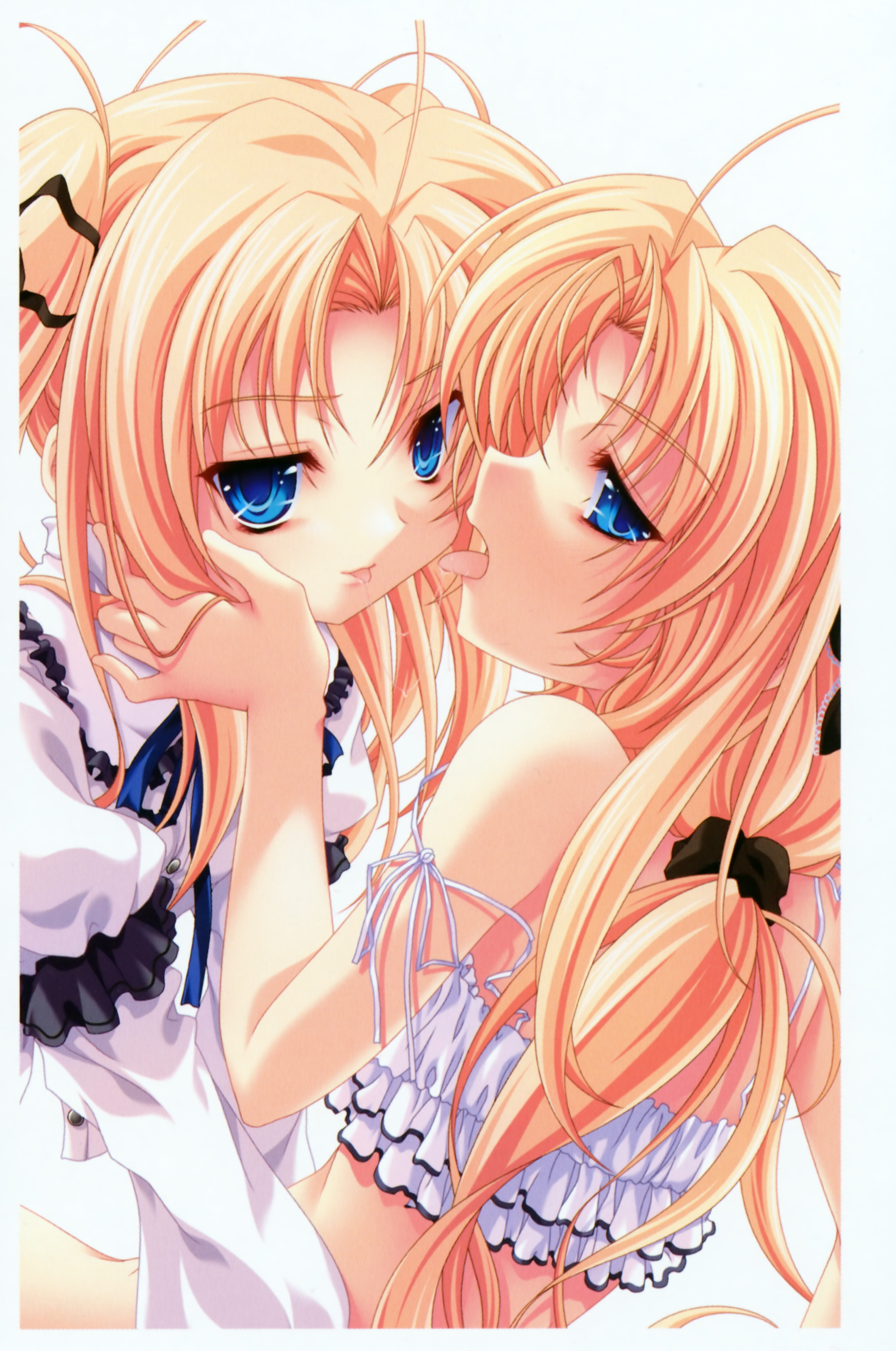 miyama-zero, shirogane akane, shirogane tobari, kanojo tachi no ryuugi, absurdres, highres, 2girls, ahoge, bare shoulders, blonde hair, blue eyes, bottomless, camisole, crop top, frills, incest, long hair, multiple girls, ponytail, scrunchie, siblings, sisters, tongue, twincest, twins, twintails, yuri