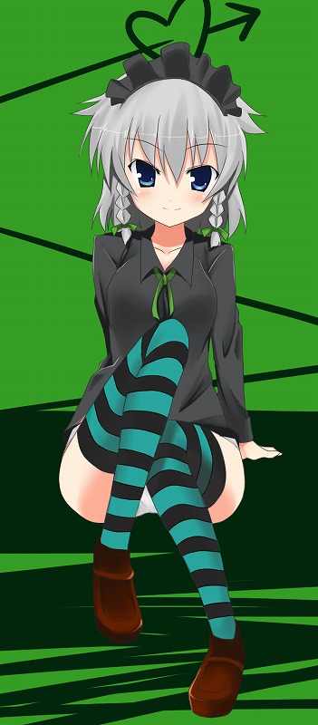 morino harifu, izayoi sakuya, touhou, 1girl, arm support, bottomless, braid, female focus, maid headdress, no pants, panties, short hair, solo, striped clothes, striped thighhighs, thighhighs, twin braids, underwear