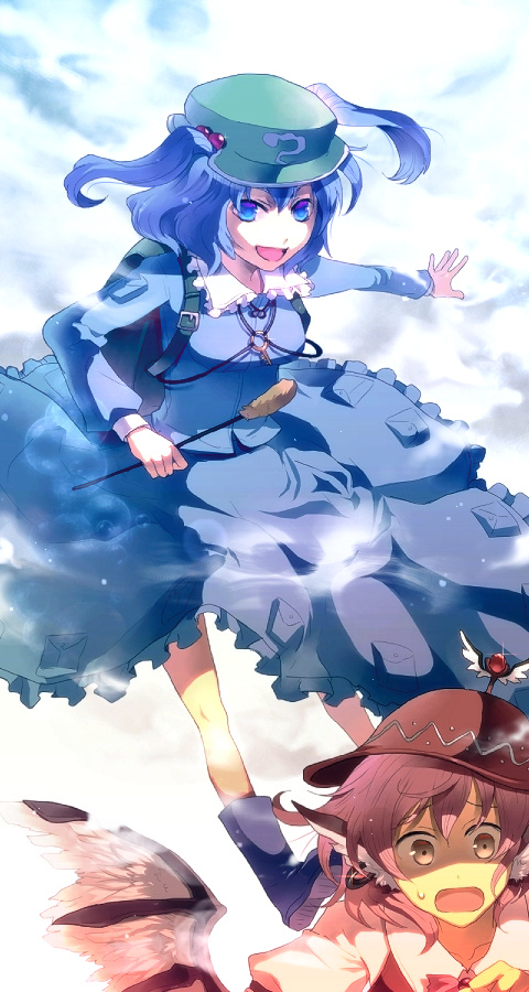 sunakumo, kawashiro nitori, mystia lorelei, touhou, 2girls, animal ears, blue eyes, blue hair, brown eyes, brown hair, female focus, hat, multiple girls, twintails, two side up, wings