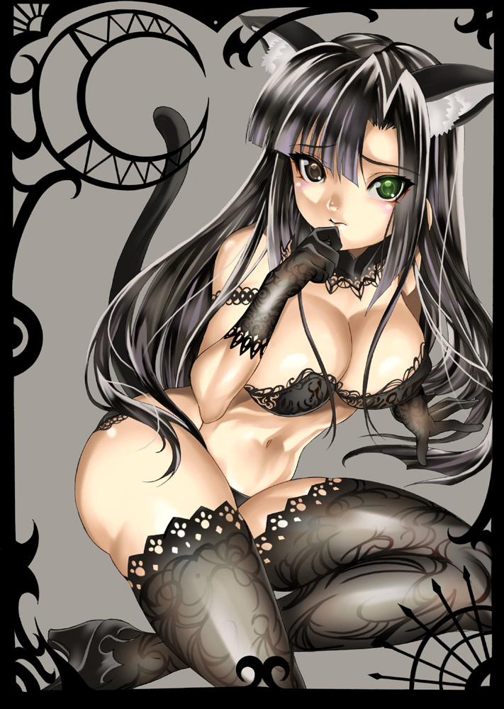 saburou (hgmg), takatsuki kanade, asura cryin', bad id, bad pixiv id, 00s, 1girl, animal ears, black hair, bra, breasts, brown eyes, cat ears, cat tail, curvy, elbow gloves, female focus, gloves, green eyes, heterochromia, large breasts, long hair, panties, solo, tail, thighhighs, underwear, underwear only