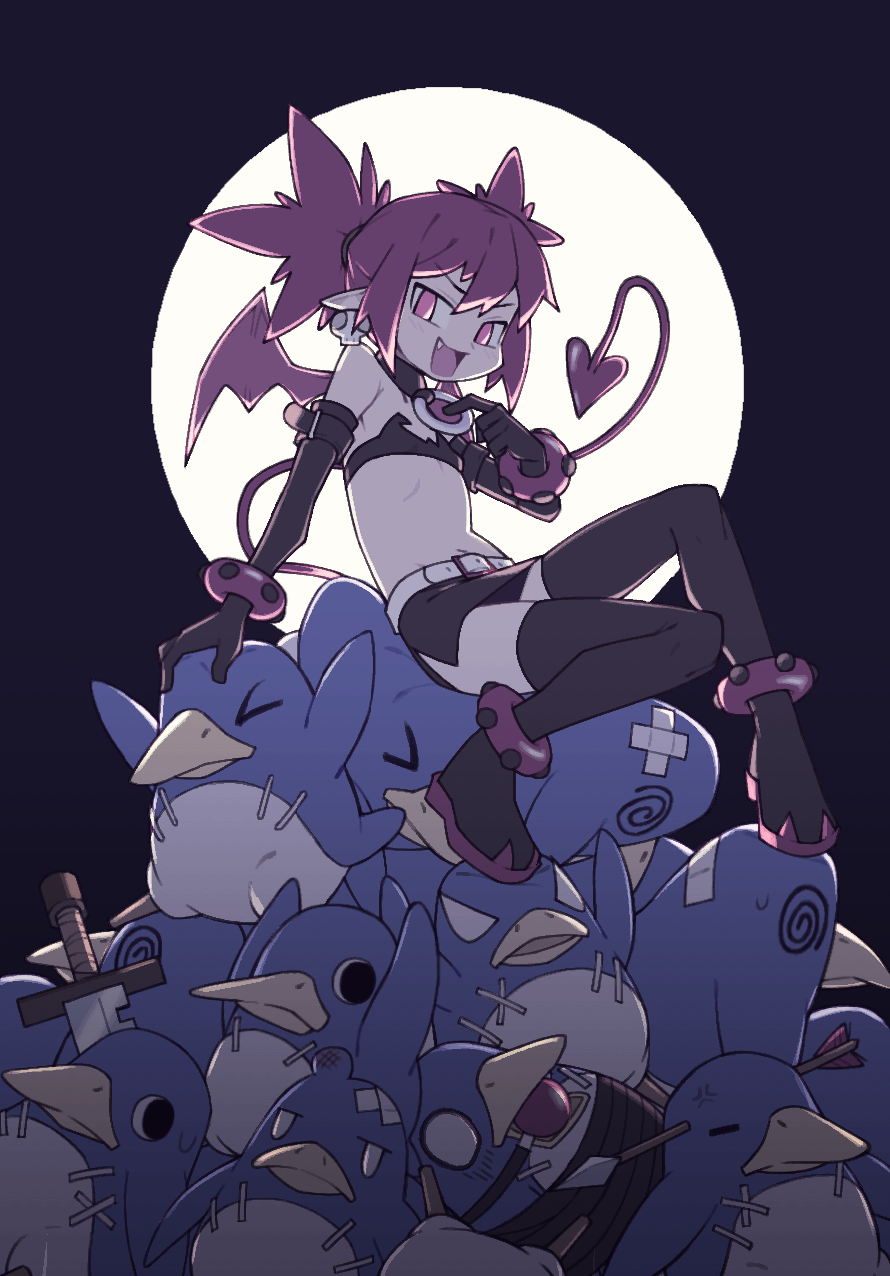 drawfag, etna (disgaea), prinny, disgaea, makai senki disgaea, highres, > <, 1girl, @ @, arrow (projectile), ball gag, bandaid, bangle, bare shoulders, bird, black choker, black gloves, boots, bracelet, choker, demon girl, demon tail, demon wings, earrings, elbow gloves, fang, flat chest, full body, gag, gloves, hair between eyes, hand on another's head, jewelry, looking at viewer, miniskirt, navel, pendant choker, penguin, pointy ears, red eyes, red hair, red tail, red wings, restrained, sidelocks, sitting, sitting on animal, skirt, skull earrings, smile, sweatdrop, tail, thigh boots, twintails, wings
