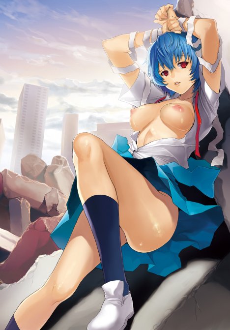 sage joh, ayanami rei, neon genesis evangelion, 1girl, ass, bandages, blue hair, breasts, female focus, large breasts, nipples, open clothes, open shirt, outdoors, red eyes, school uniform, shirt, sky, solo, thighs