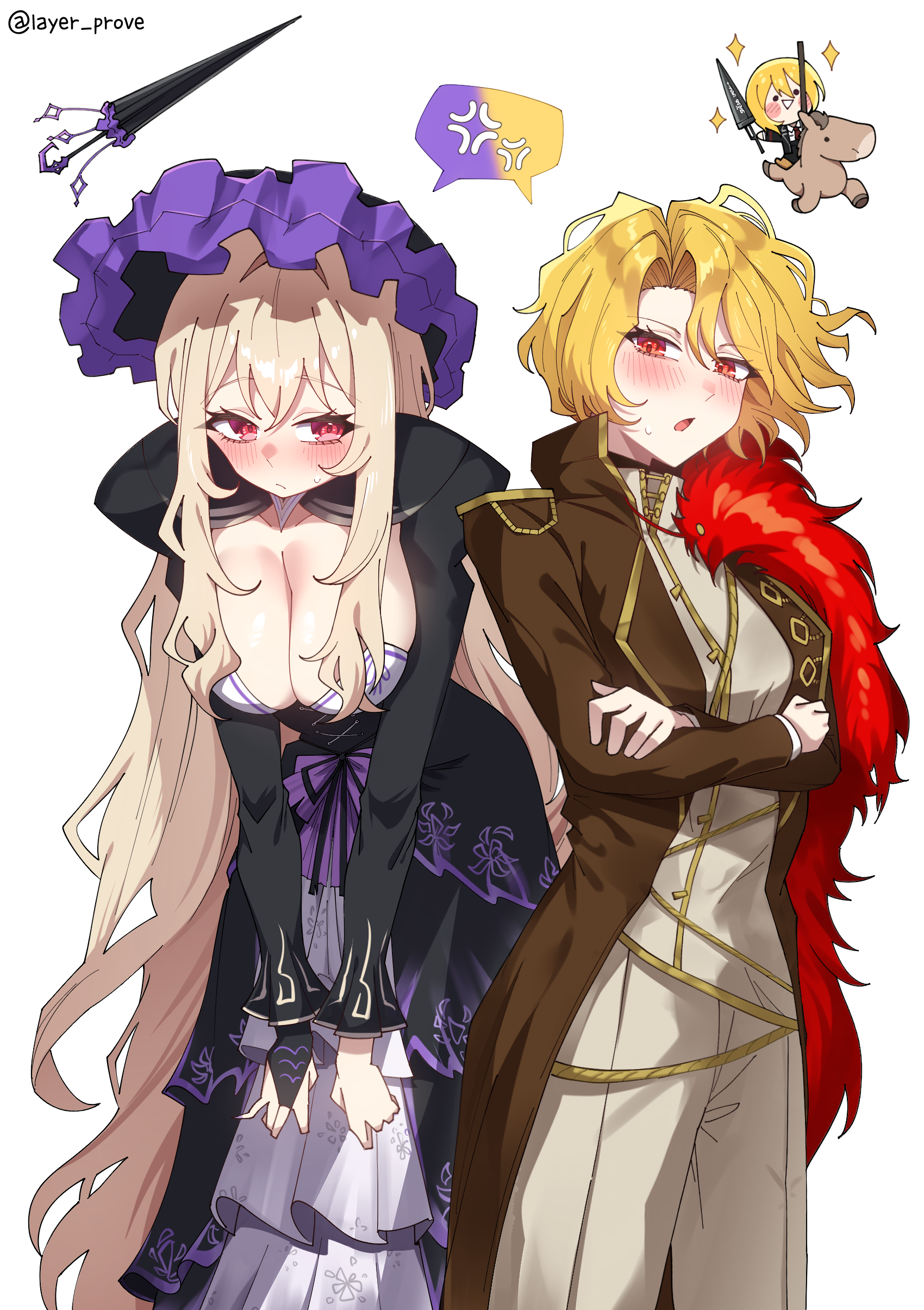 layer (layer illust), don quixote (project moon), dulcinea (project moon), sancho (project moon), limbus company, project moon, absurdres, commentary request, highres, 3girls, anger vein, blonde hair, bonnet, brown coat, chibi, coat, cowboy shot, crossed arms, dress, feather boa, hair between eyes, holding, holding polearm, holding weapon, horseback riding, lance, long hair, long sleeves, looking at viewer, multiple girls, polearm, red eyes, riding, simple background, sparkle, spoken anger vein, twitter username, umbrella, weapon, white background