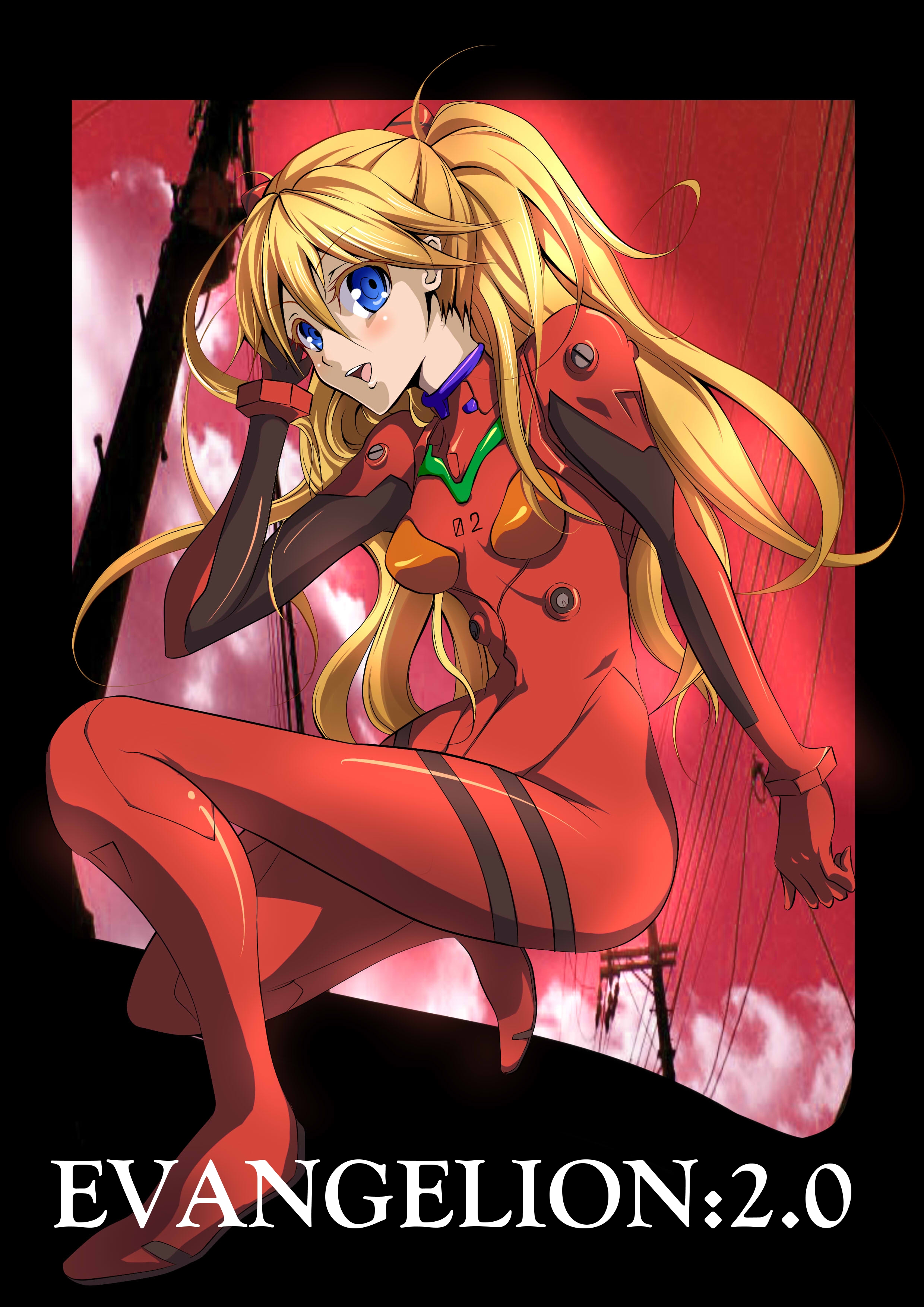 kujou ichiso, souryuu asuka langley, evangelion: 2.0 you can (not) advance, neon genesis evangelion, rebuild of evangelion, absurdres, bad id, bad pixiv id, highres, 00s, 1girl, blonde hair, blue eyes, female focus, long hair, mecha pilot suit, plugsuit (evangelion), power lines, sky, solo, twintails