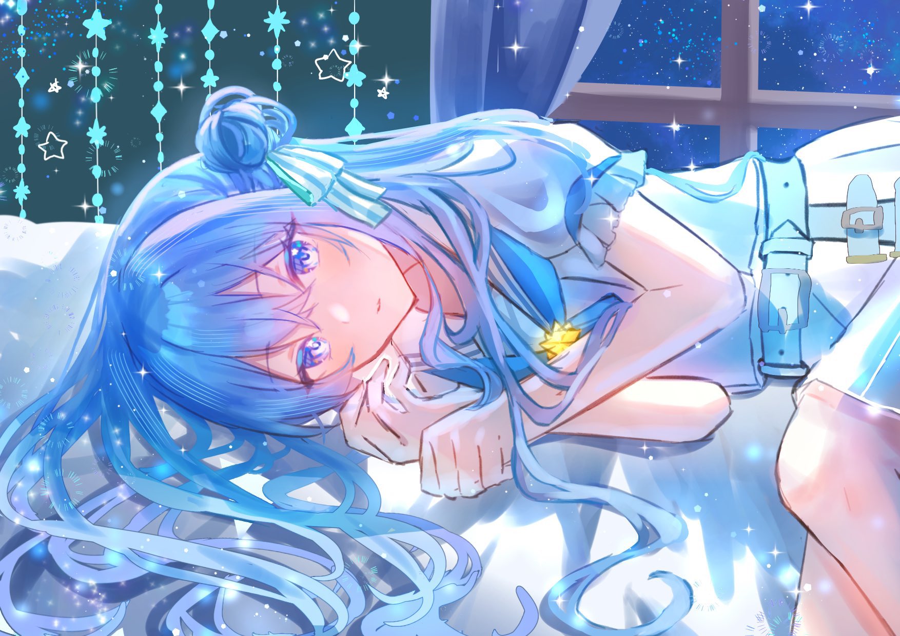 rikako0229, hoshimachi suisei, hololive, hashtag-only commentary, highres, 1girl, blue eyes, blue hair, hair bun, indoors, long hair, lying, on bed, on side, shirt, solo, virtual youtuber, white shirt