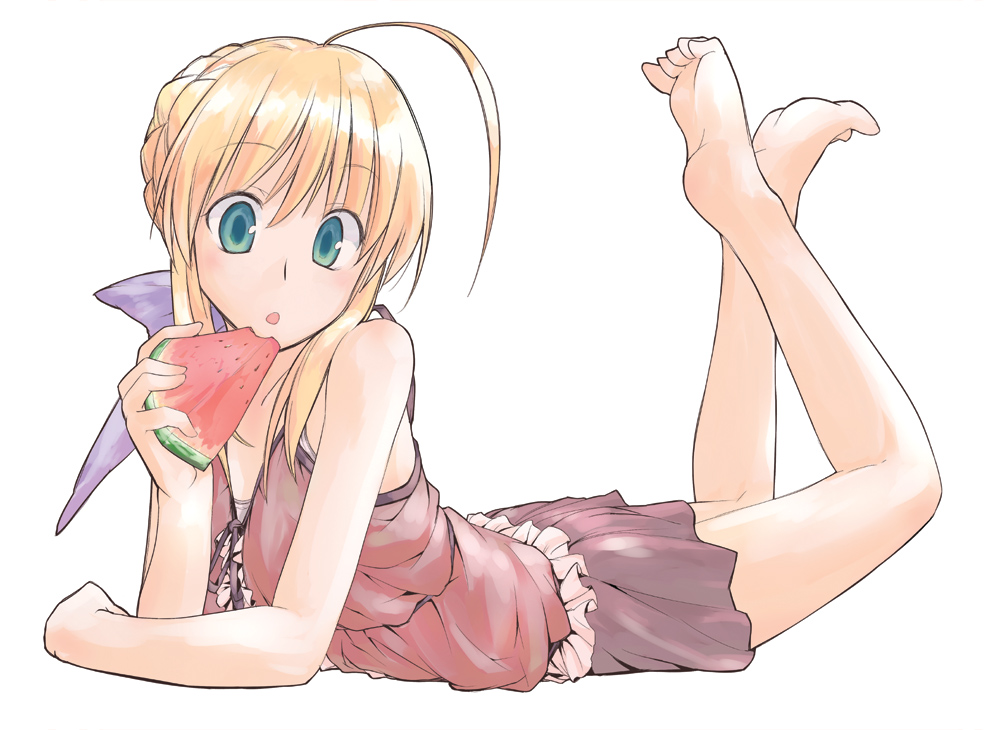 dorago, artoria pendragon (fate), saber (fate), fate/stay night, fate (series), 00s, 1girl, :o, ahoge, barefoot, blonde hair, blue eyes, braid, casual, eating, feet, female focus, food, fruit, full body, hair bun, hair ribbon, holding, holding food, holding fruit, holding watermelon, lying, official alternate costume, on stomach, open mouth, ribbon, simple background, single hair bun, skirt, soles, solo, toes, watermelon, white background