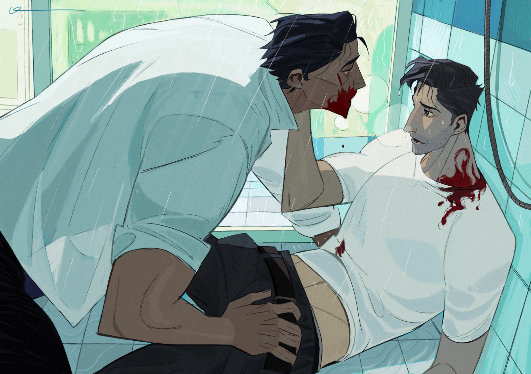 dingnin98201637, miguel o'hara, peter b parker, marvel, spider-man: across the spider-verse, spider-man (series), spider-verse, commentary, highres, symbol-only commentary, 2boys, arm up, belt, belt buckle, black belt, black hair, black pants, blood, blood on clothes, blood on face, blood on neck, breath, brown eyes, buckle, drinking blood, eye contact, grey hair, hand on another's face, injury, looking at another, lying, male focus, midriff, multiple boys, on back, pants, parted lips, shirt, short hair, short sideburns, short sleeves, shower (place), shower head, sliding doors, tile floor, tiles, wet, white shirt, yaoi