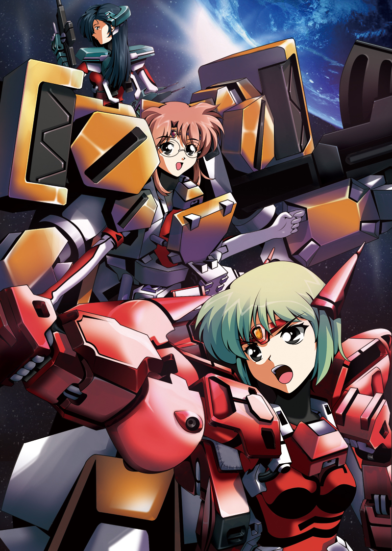 murasaki natsu, zixia (msl), amano hikaru, izumi maki, maki izumi, subaru ryoko, kidou senkan nadesico, pilot suit, >:o, 3girls, :d, :o, armor, black eyes, black hair, bodysuit, brown hair, glasses, gloves, green hair, gun, hair over one eye, headband, headgear, holding, holding weapon, index finger raised, long hair, looking back, looking to the side, multiple girls, open mouth, outdoors, outstretched arm, outstretched arms, planet, power armor, power suit, rimless eyewear, short hair, shouting, sky, smile, space, spread arms, star (sky), starry sky, trigger discipline, turtleneck, v-shaped eyebrows, weapon