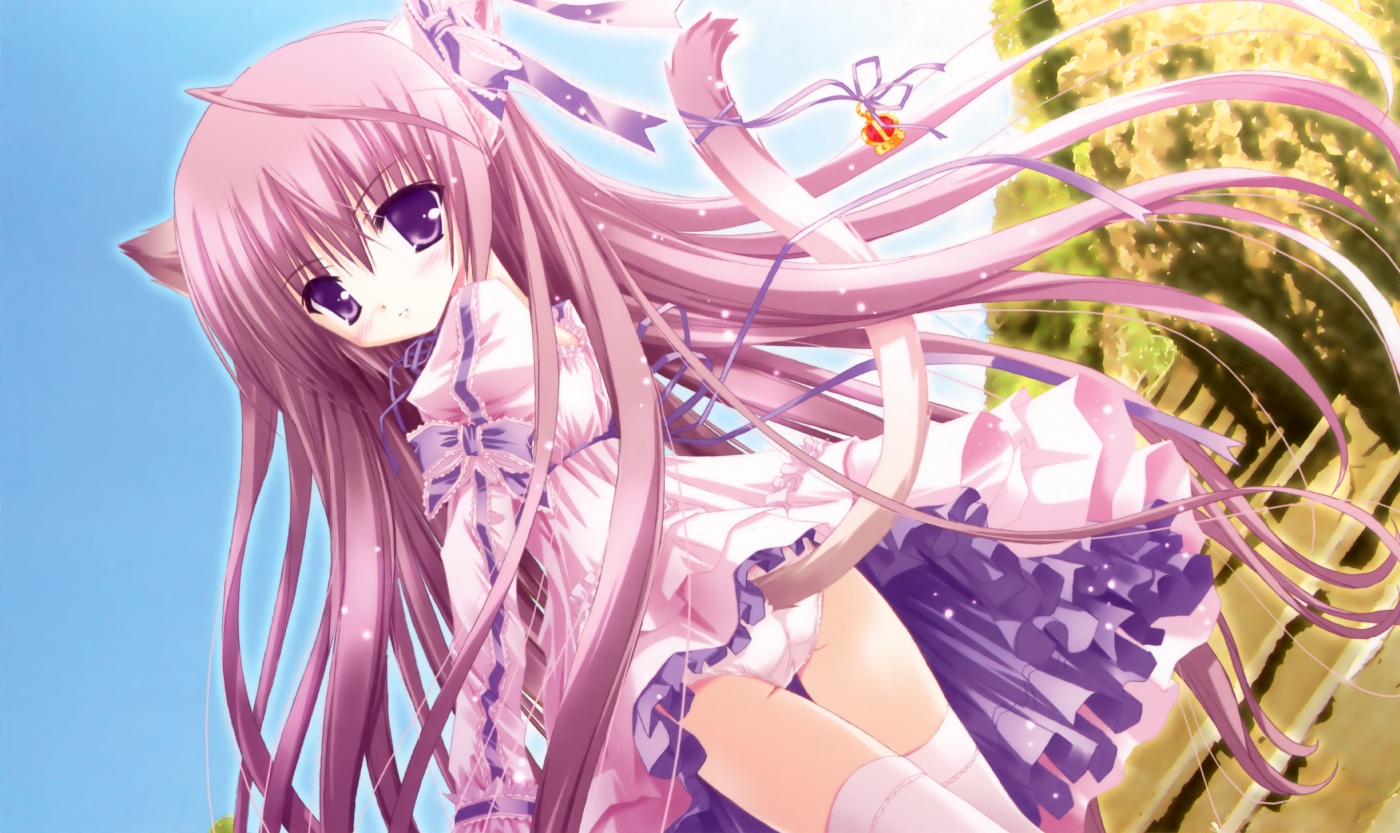 tinker bell (pixiv 10956015), 1girl, ahoge, animal ears, ass, blush, cat ears, cat tail, dress, dutch angle, female focus, from behind, lingerie, long hair, looking back, outdoors, panties, pantyshot, petticoat, purple eyes, purple hair, ribbon, solo, standing, tail, thigh gap, thighhighs, thighs, underwear, very long hair, white panties