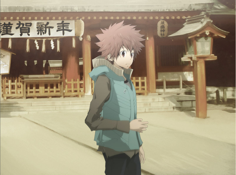 sawada tsunayoshi, katekyo hitman reborn!, 00s, 1boy, brown hair, building, casual, lantern, male focus, scenery, solo, standing