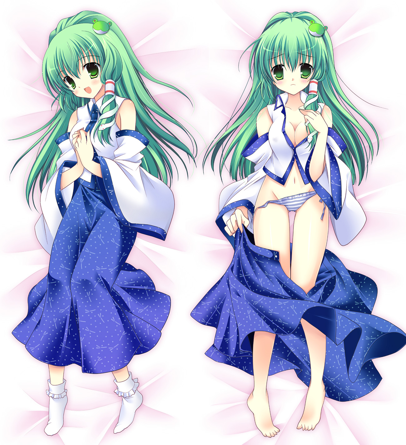 shirogane hina, kochiya sanae, touhou, highres, 1girl, alternate hairstyle, bare shoulders, barefoot, breasts, cleavage, dakimakura (medium), detached sleeves, female focus, frog, green eyes, green hair, hair ornament, long hair, lying, multiple views, on back, on side, panties, side-tie panties, snake, socks, striped clothes, striped panties, underwear, untied panties