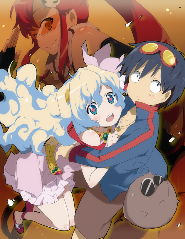 kl (dgzonbi), boota (ttgl), nia teppelin, simon (ttgl), yoko littner, tengen toppa gurren lagann, + +, 00s, 1boy, 2girls, :d, bare legs, blonde hair, blue hair, creature, cross-shaped pupils, goggles, goggles on head, jacket, long hair, long sleeves, looking at viewer, multicolored hair, multiple girls, open mouth, ponytail, red eyes, sandals, sidelocks, smile, sunglasses, symbol-shaped pupils, track jacket, two-tone hair, very long hair